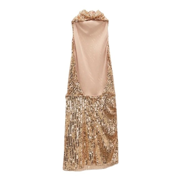 Zara gold sequin open back semi sheer halter blogger favorite mini dress size XL - Picture 4 of 13